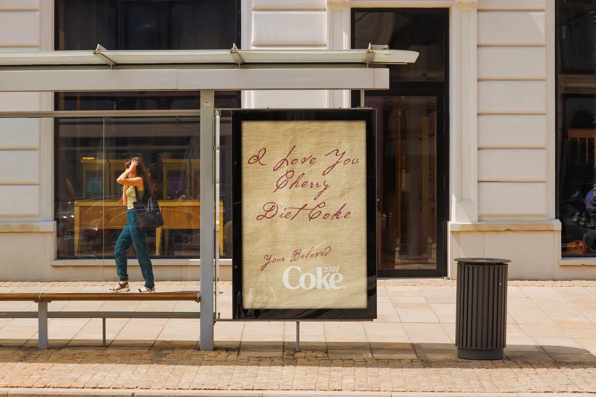 Bus shelter poster styled as a handwritten note: “I Love You Cherry Diet Coke. Your Beloved, Diet Coke”
